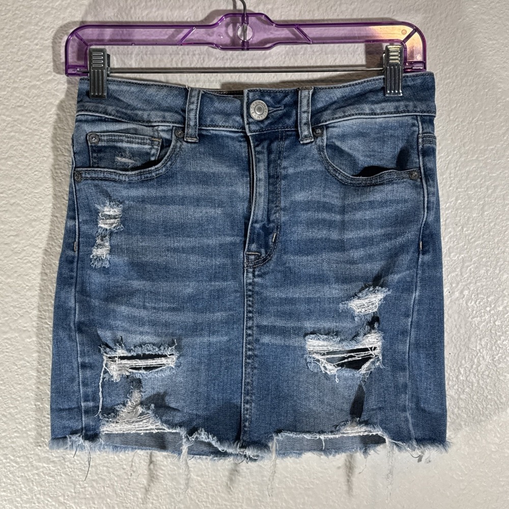 American Eagle High Rise Mini Skirt Super Stretch‎ Size 4 Destroyed Distressed
